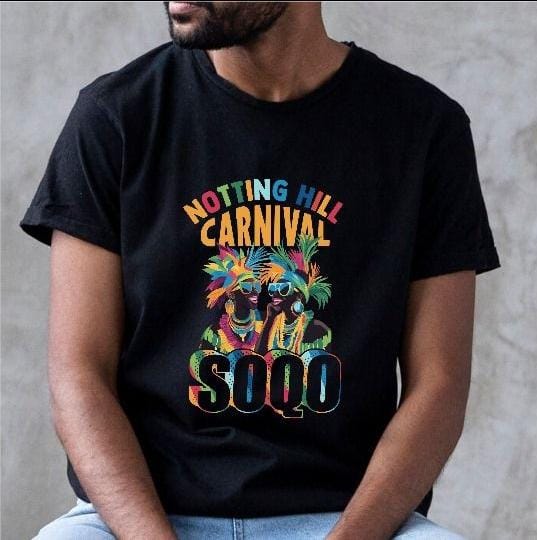 SOQO Notting Hill Carnival Graphic Tee | Black | Men | Streetwear Tee | Vibrant Patterned Letters
