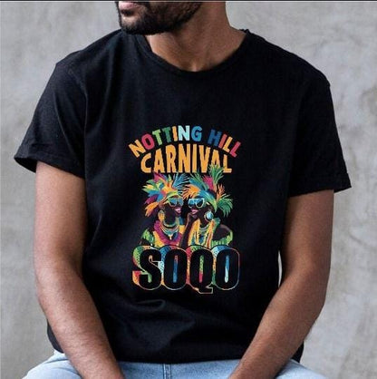 SOQO Notting Hill Carnival Graphic Tee | Black | Men | Streetwear Tee | Vibrant Patterned Letters