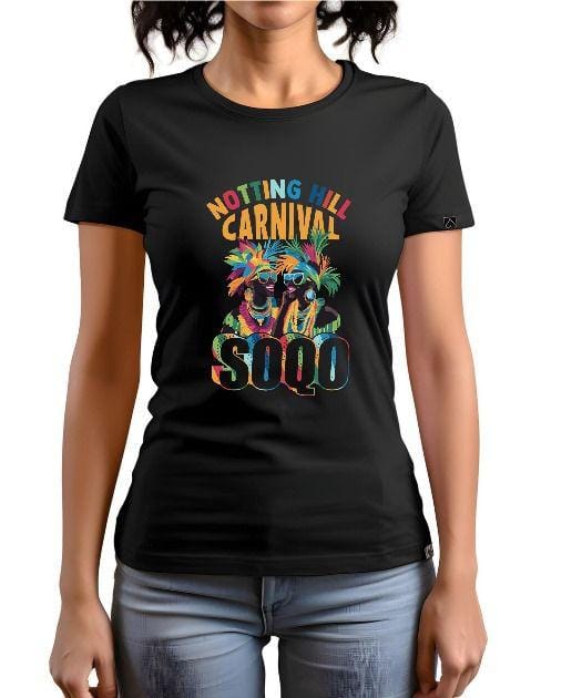 SOQO Notting Hill Carnival Graphic Tee | Black | Women | Streetwear Tee | Vibrant Patterned Letters